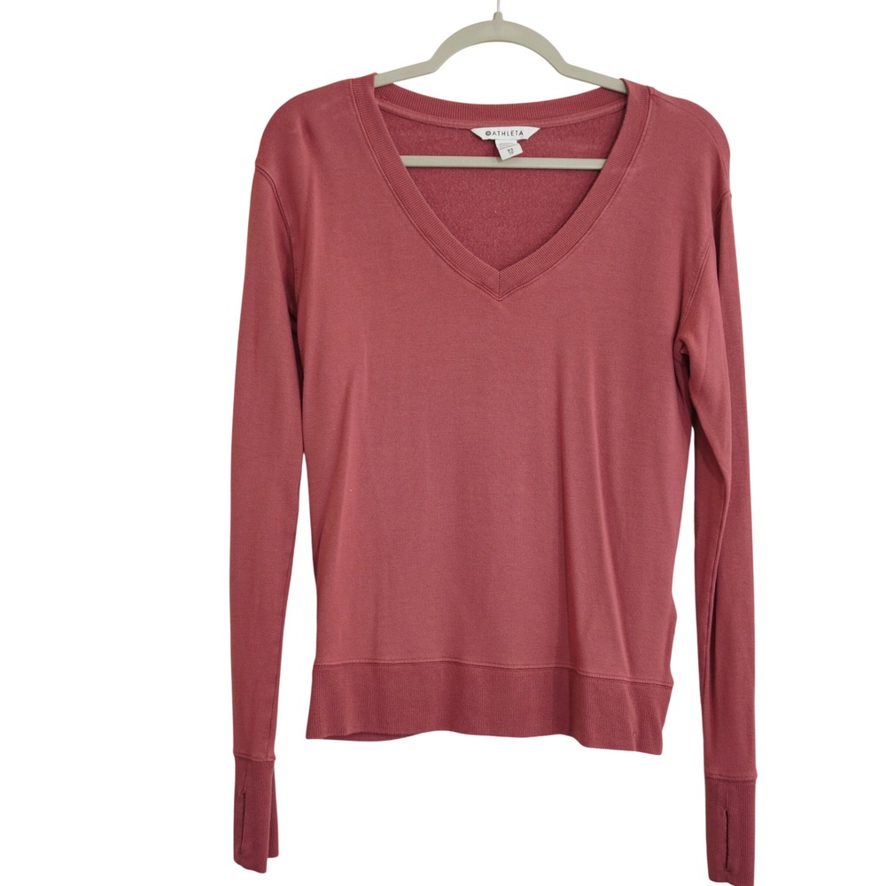 Athleta XS V-Neck Sweatshirt‎ Rose Pink Tencel Modal Thumbhole Cuffs Top Cozy